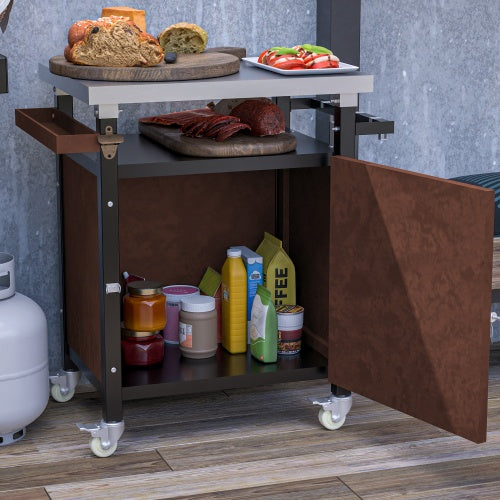 Outdoor Grill Cart With Stainless Steel Tabletop, Storage, Patio Kitchen Island With Wheels, Hooks, And Spice Rack, Waterproof Outdoor Grill Table, Movable BBQ Serving Cart Rolling Bar Cart