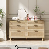 Rattan Dresser With Drawers, 6 Drawer Dresser For Bedroom, Clothes Storage Cabinet For Bedroom, Metal Handle&Wood Legs For Hallway, Living Room, Bedroom,Natural