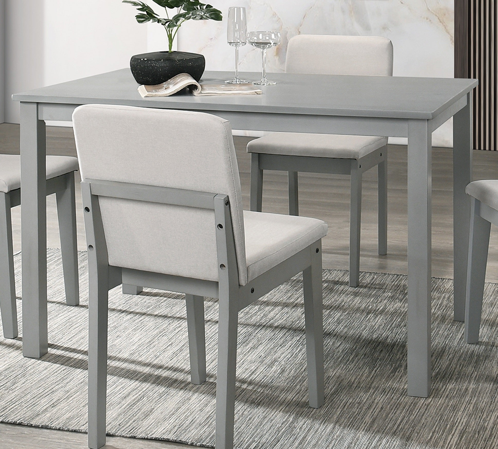 Grey Finish 5 Piece Dining Room Set Dining Table 4x Chairs Beige Fabric Chairs
