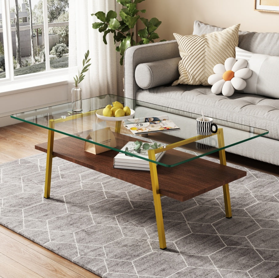 Rectangle Coffee Table, Tempered Glass Tabletop With Gold Metal Legs, Modern Table For Living Room ,