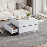 Square 360 Rotating Coffee Table With 2 Drawers, Wooden 2-Tier Center Table With Swivel Tabletop And Storage, Tea Table , WhiteTable Frame Side Table For Living Room