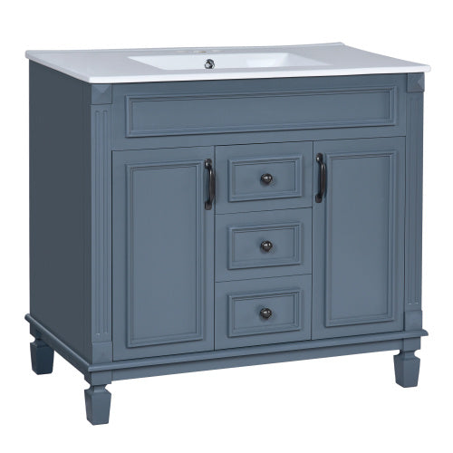36'' Bathroom Vanity With Top Sink, Royal Blue Mirror Cabinet, Modern Bathroom Storage Cabinet With 2 Soft Closing Doors And 2 Drawers, Single Sink Bathroom Vanity