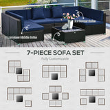 7-Piece Rattan Couch, Outdoor Patio Furniture Set, With Removable Cushions And Ottoman, Glass Coffee Table- Dark CoffeeBlue