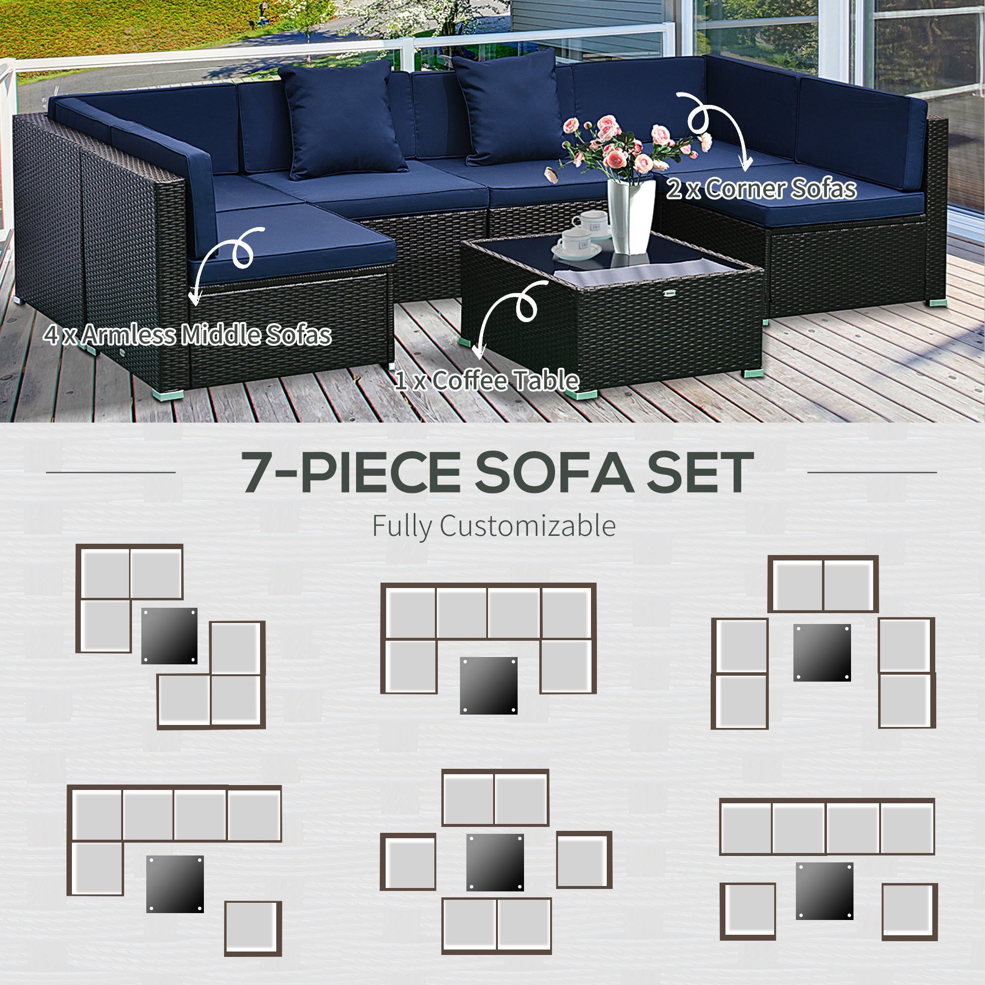 7-Piece Rattan Couch, Outdoor Patio Furniture Set, With Removable Cushions And Ottoman, Glass Coffee Table- Dark CoffeeBlue