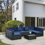 7-Piece Rattan Couch, Outdoor Patio Furniture Set, With Removable Cushions And Ottoman, Glass Coffee Table- Dark CoffeeBlue