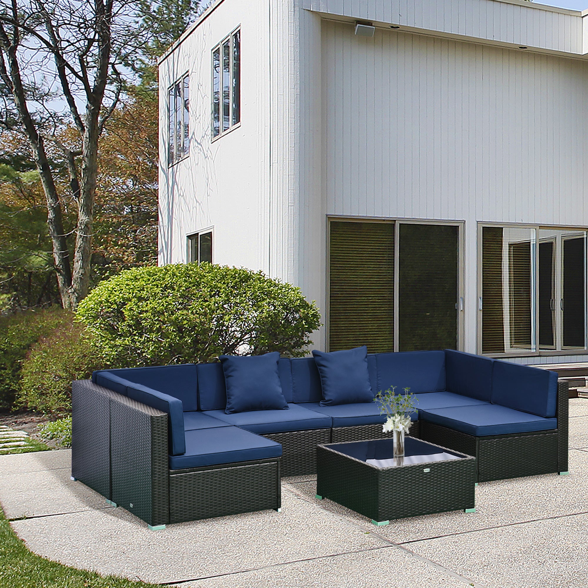7-Piece Rattan Couch, Outdoor Patio Furniture Set, With Removable Cushions And Ottoman, Glass Coffee Table- Dark CoffeeBlue
