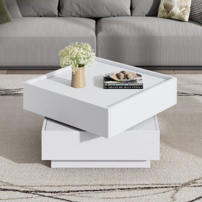 Square 360 Rotating Coffee Table With 2 Drawers, Wooden 2-Tier Center Table With Swivel Tabletop And Storage, Tea Table , WhiteTable Frame Side Table For Living Room