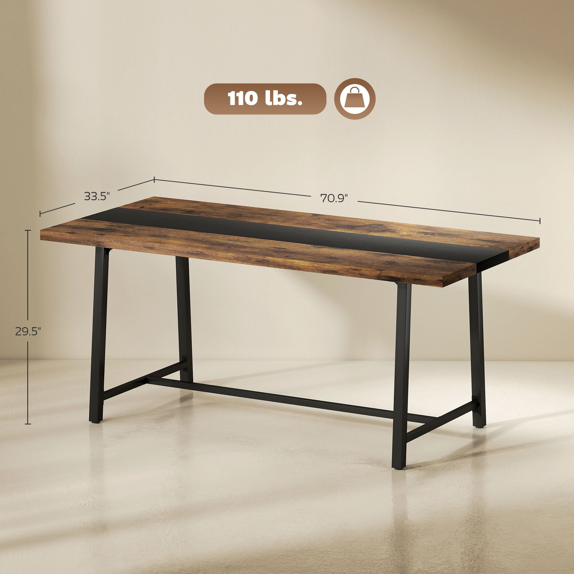 Industrial Kitchen Table For 8 People, 70.9 Long Dining Table With Large Tabletop And Steel Legs For Dining Room, Brown