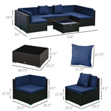 7-Piece Rattan Couch, Outdoor Patio Furniture Set, With Removable Cushions And Ottoman, Glass Coffee Table- Dark CoffeeBlue