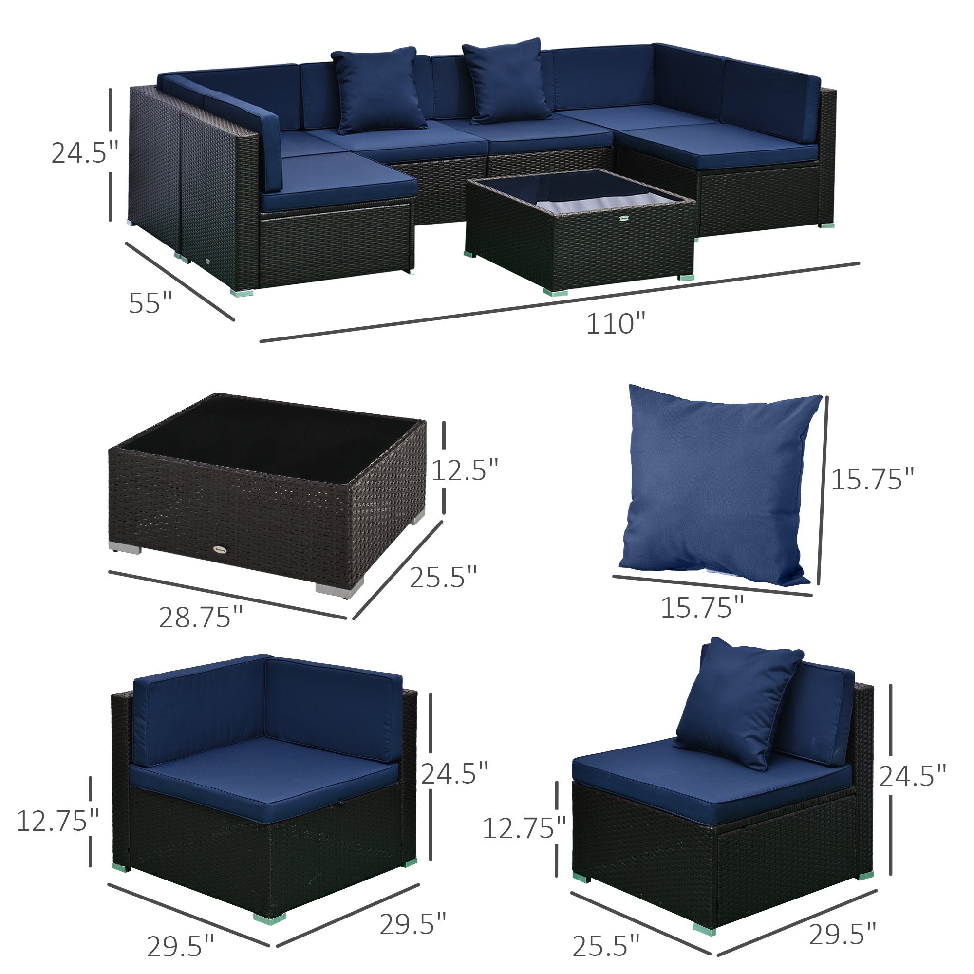 7-Piece Rattan Couch, Outdoor Patio Furniture Set, With Removable Cushions And Ottoman, Glass Coffee Table- Dark CoffeeBlue