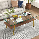 Rectangle Coffee Table, Tempered Glass Tabletop With Gold Metal Legs, Modern Table For Living Room ,