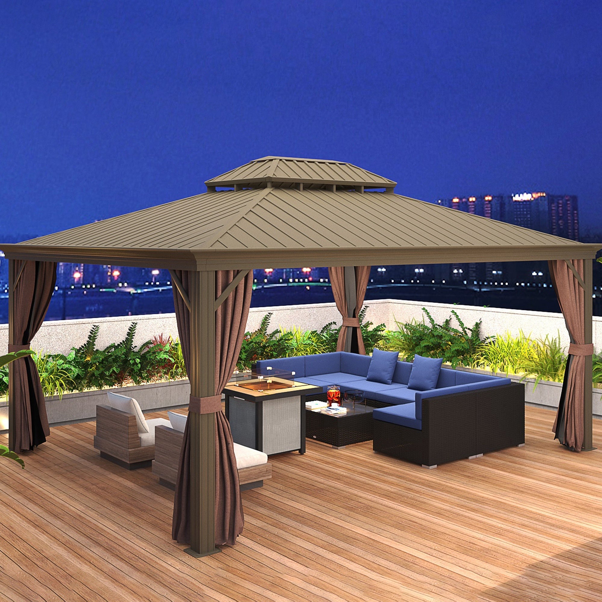 7-Piece Rattan Couch, Outdoor Patio Furniture Set, With Removable Cushions And Ottoman, Glass Coffee Table- Dark CoffeeBlue