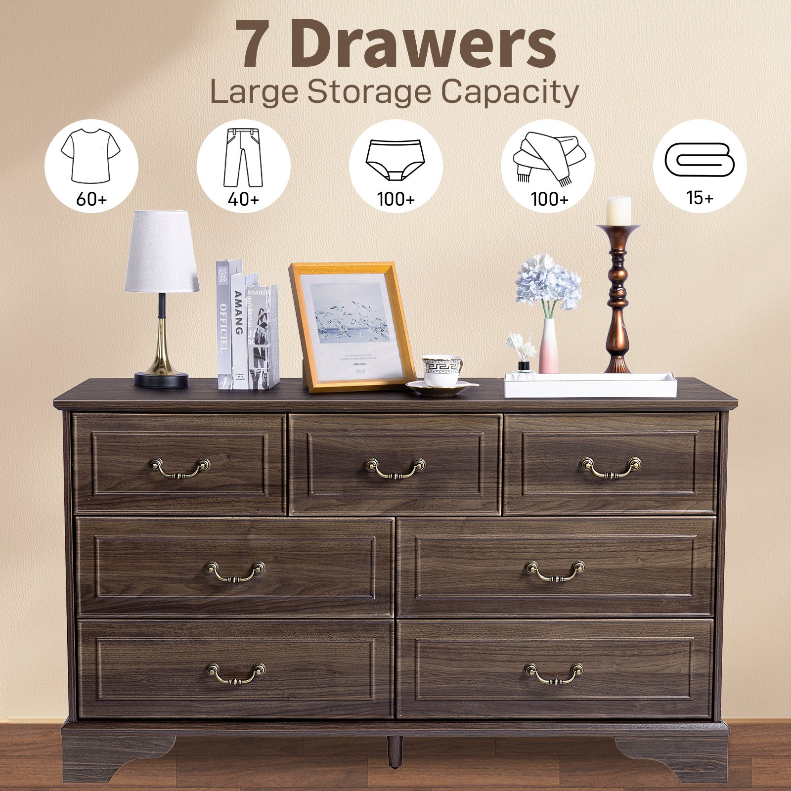 Brown P2 MDF 137x40x80CM 3-layer 7-drawer Chest Of Drawers 1pcs