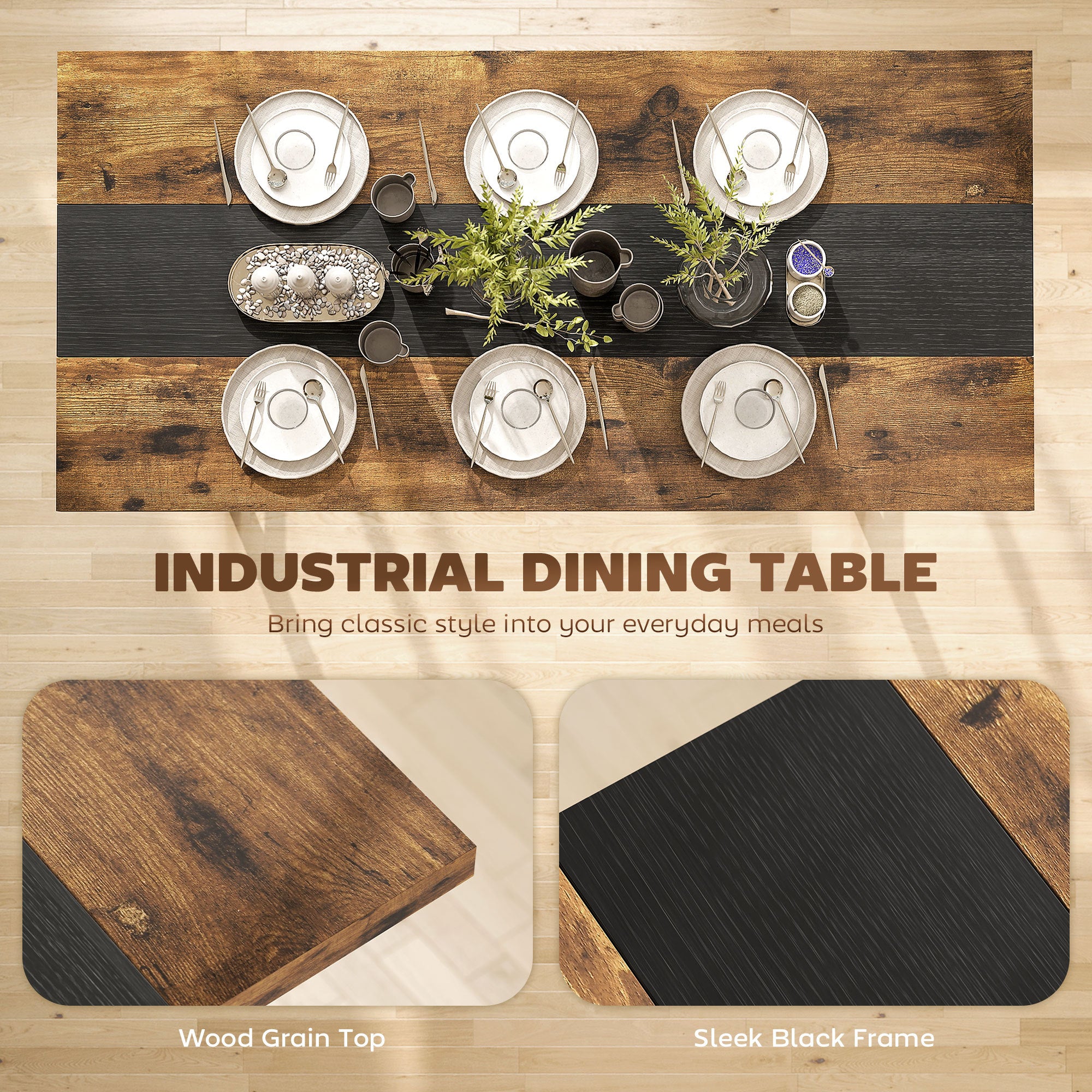 Industrial Kitchen Table For 8 People, 70.9 Long Dining Table With Large Tabletop And Steel Legs For Dining Room, Brown