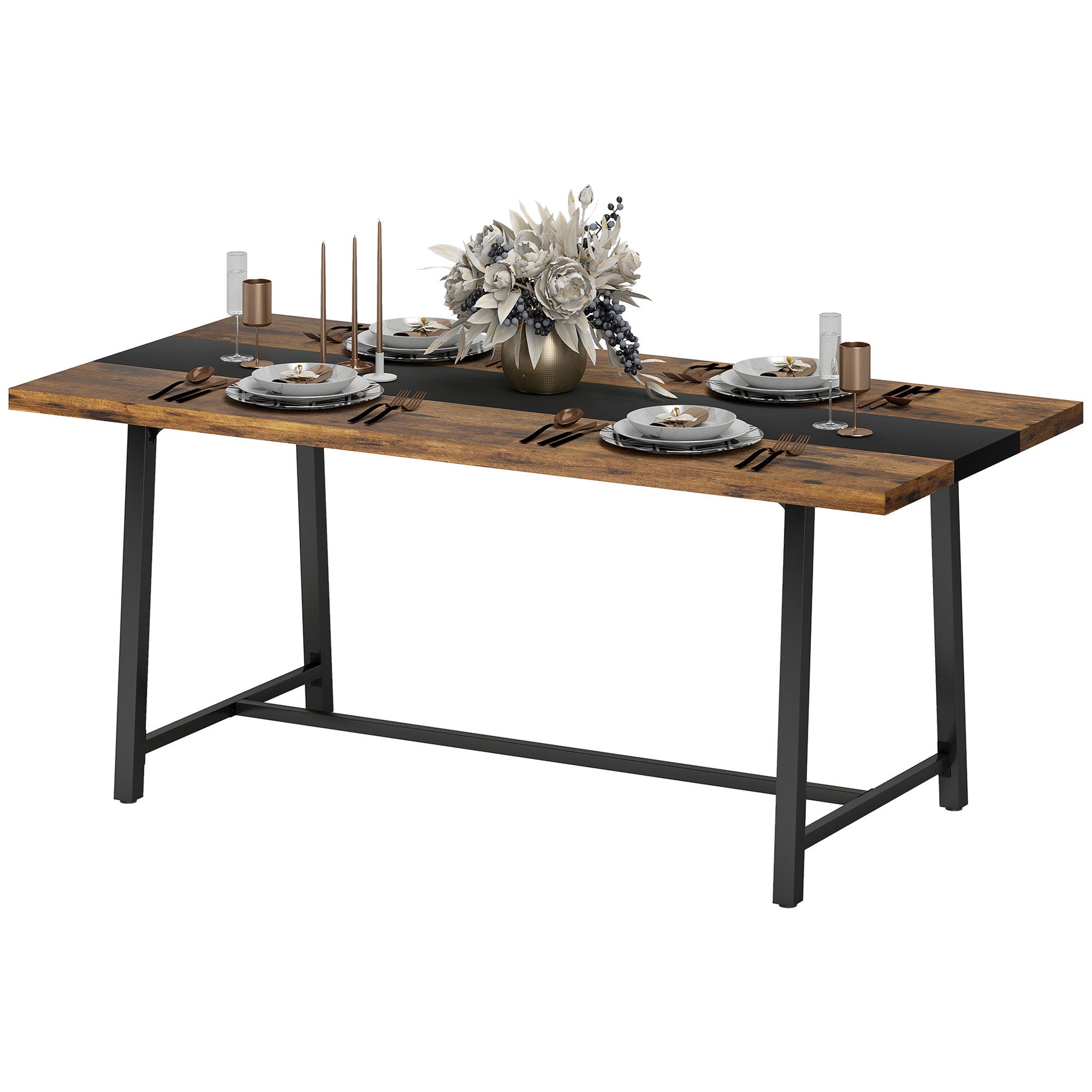 Industrial Kitchen Table For 8 People, 70.9 Long Dining Table With Large Tabletop And Steel Legs For Dining Room, Brown