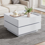 Square 360 Rotating Coffee Table With 2 Drawers, Wooden 2-Tier Center Table With Swivel Tabletop And Storage, Tea Table , WhiteTable Frame Side Table For Living Room