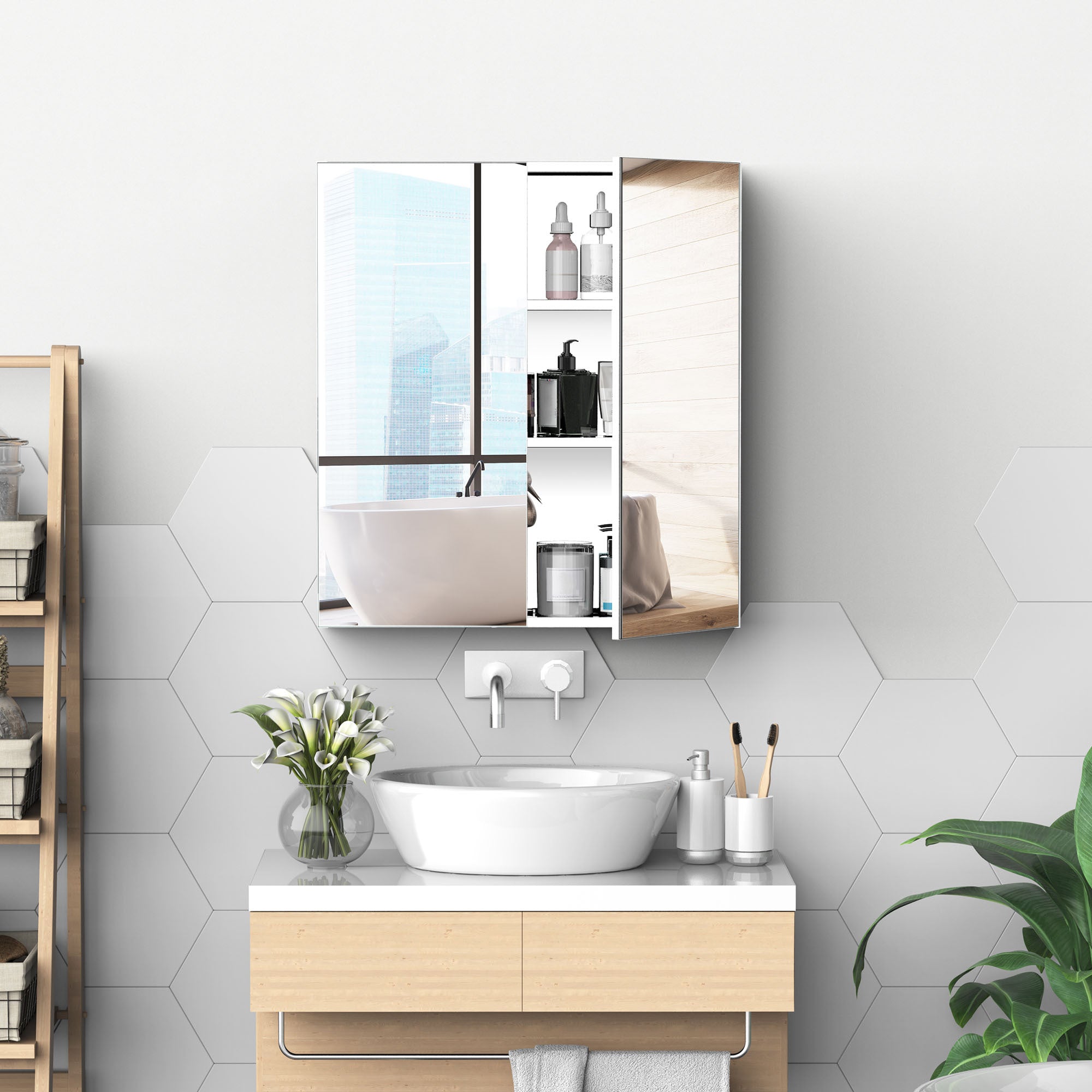 Kleankin Bathroom Medicine Cabinet With Mirror 3-Tier Stainless Steel Storage Silver
