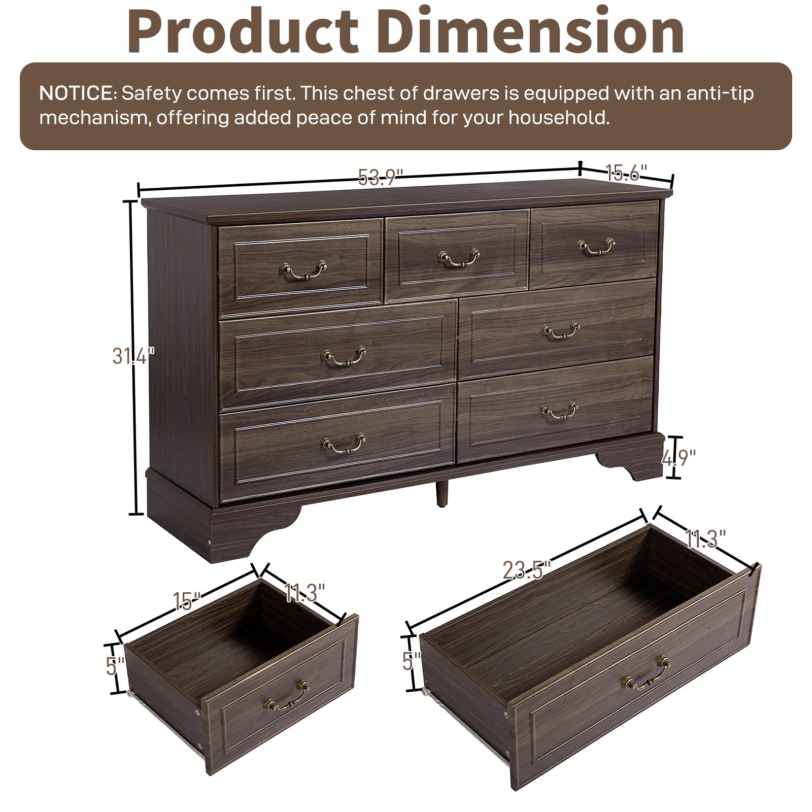 Brown P2 MDF 137x40x80CM 3-layer 7-drawer Chest Of Drawers 1pcs