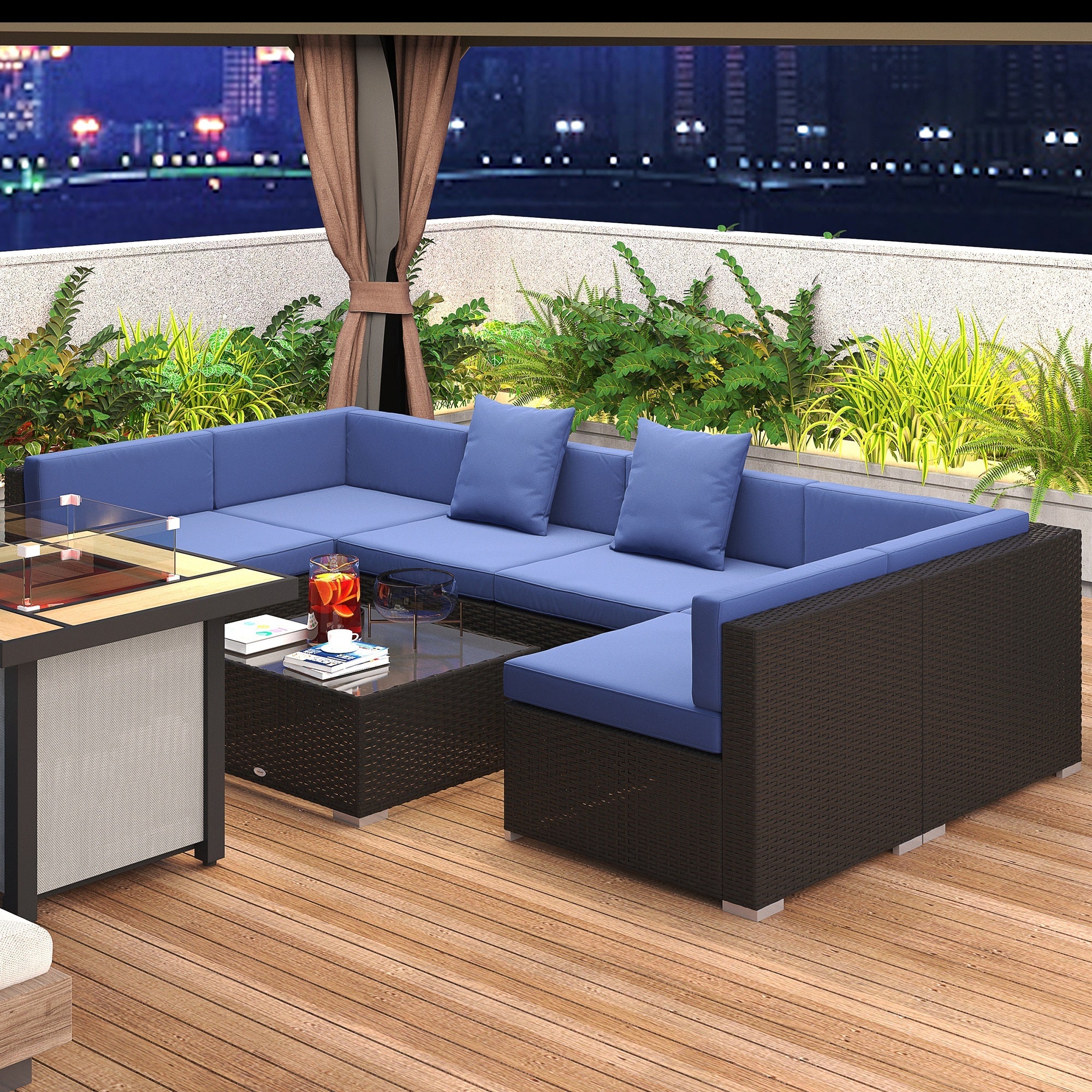 7-Piece Rattan Couch, Outdoor Patio Furniture Set, With Removable Cushions And Ottoman, Glass Coffee Table- Dark CoffeeBlue